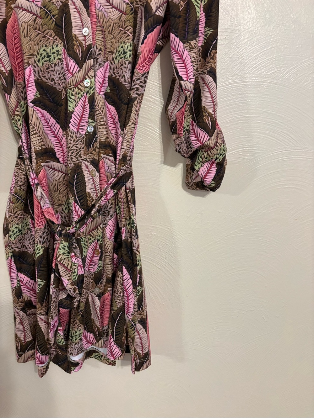 Cabana Life Tropical Leaf Print Belted Shirt Dress Pink Brown Size L - Picture 7 of 9